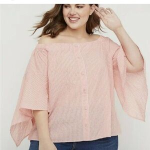 Lane Bryant Shirt Womens 18/20 Plus Bell Slv Pink Striped Top Boho Peasant